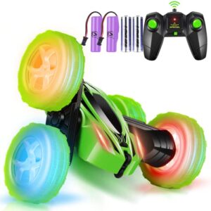 flymevac remote control car, 360° rotating rc stunt cars with wheel lights and headlights,4wd 2.4ghz double-sided fast and flips rc cars for 6-12 year old kids xmas toy cars gift for boys girls(green)