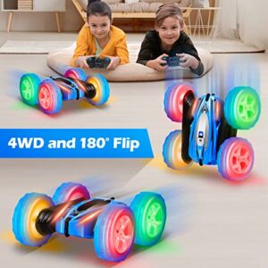 Flymevac Remote Control Car, 360° Rotating RC Stunt Cars with Wheel Lights and Headlights,4WD 2.4Ghz Double-Sided Fast and Flips RC Cars for 6-12 Year Old Kids Xmas Toy Cars Gift for Boys Girls(Blue)