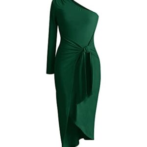 BTFBM Women Elegant Long Sleeve One Shoulder Cocktail Dress Bodycon Ruched Tie Waist Wrap Dress Solid Color Midi Party Dress(Solid Dark Green,Small)