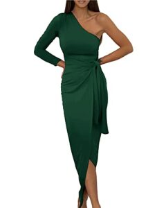 btfbm women elegant long sleeve one shoulder cocktail dress bodycon ruched tie waist wrap dress solid color midi party dress(solid dark green,small)