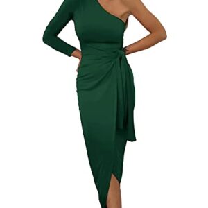 BTFBM Women Elegant Long Sleeve One Shoulder Cocktail Dress Bodycon Ruched Tie Waist Wrap Dress Solid Color Midi Party Dress(Solid Dark Green,Small)