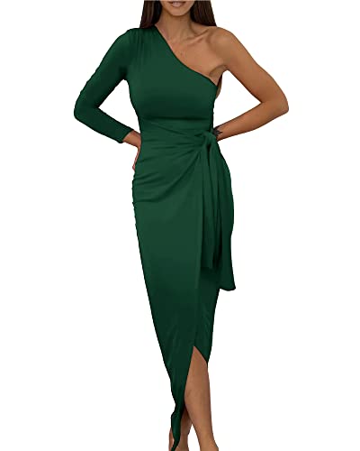 BTFBM Women Elegant Long Sleeve One Shoulder Cocktail Dress Bodycon Ruched Tie Waist Wrap Dress Solid Color Midi Party Dress(Solid Dark Green,Small)