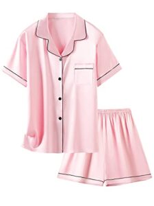 silk pajamas for women, 2 pcs comfy sleepwear short sleeve button down sexy satin summer soft pjs set, pink, medium