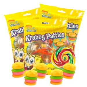 krabby patties gummy candies, hamburger shaped gummies, kids themed birthday party favors, pack of 3, 2.56 ounces
