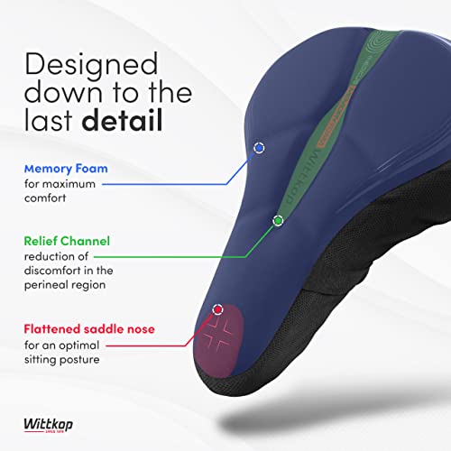 WITTKOP Bike Seat Cushion Made of Comfy Memory Foam I Bike seat Cover for Men & Women with Ergonomic 3-Zone-Concept I Bike Saddle Cover, for peleton seat cushin, Bicycle seat Cushion