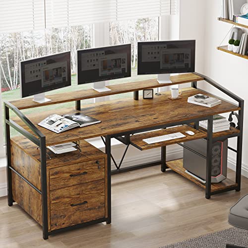 SEDETA Computer Desk, Office Desk with Drawers, Legal/Letter/A4 File Drawers with Lock, Keyboard Tray & Monitor Shelf, Home Office Desks for Printer, Rustic Brown