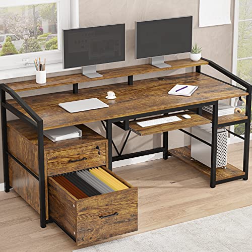 SEDETA Computer Desk, Office Desk with Drawers, Legal/Letter/A4 File Drawers with Lock, Keyboard Tray & Monitor Shelf, Home Office Desks for Printer, Rustic Brown