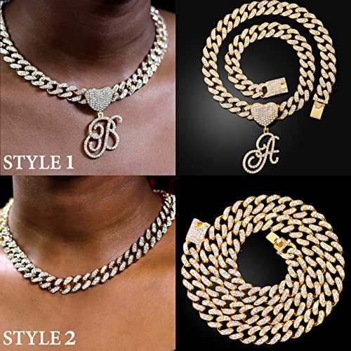 PTJDSMF Gold Initial Cuban Link Chain for Women Miami Iced Out Chain for women Bling Diamond Chain Necklace Hip Hop Jewelry (A)