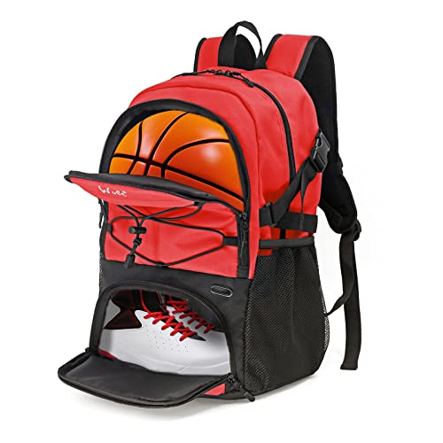 WOLT | Basketball Backpack Large Sports Bag with Separate Ball holder & Shoes compartment, Best for Basketball, Soccer, Volleyball, Swim, Gym, Travel (Red)