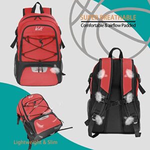 WOLT | Basketball Backpack Large Sports Bag with Separate Ball holder & Shoes compartment, Best for Basketball, Soccer, Volleyball, Swim, Gym, Travel (Red)