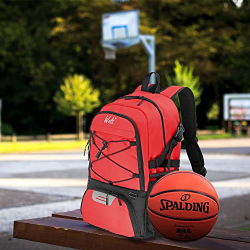 WOLT | Basketball Backpack Large Sports Bag with Separate Ball holder & Shoes compartment, Best for Basketball, Soccer, Volleyball, Swim, Gym, Travel (Red)