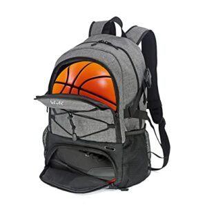 wolt | basketball backpack large sports bag with separate ball holder & shoes compartment, best for basketball, soccer, volleyball, swim, gym, travel (grey)