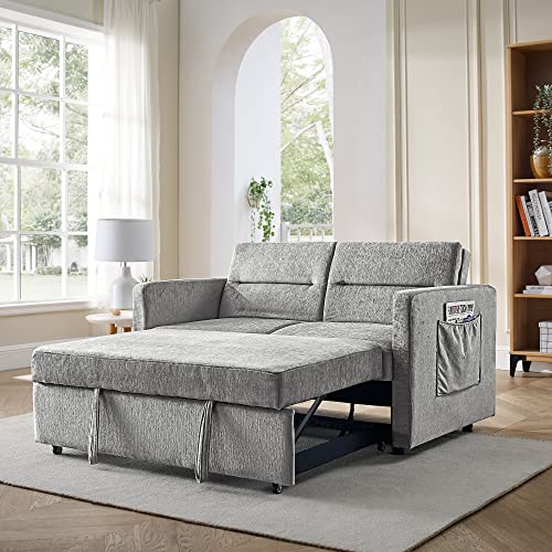 3 in 1 Convertible Sleeper Sofa Bed, Antetek Modern Chenille Loveseat Sleeper Sofa Couch w/Pull-Out Bed, Small Love seat Sofa Bed w/Reclining Backrest & Side Pocket for Living Room, Silver Grey, 54.5"