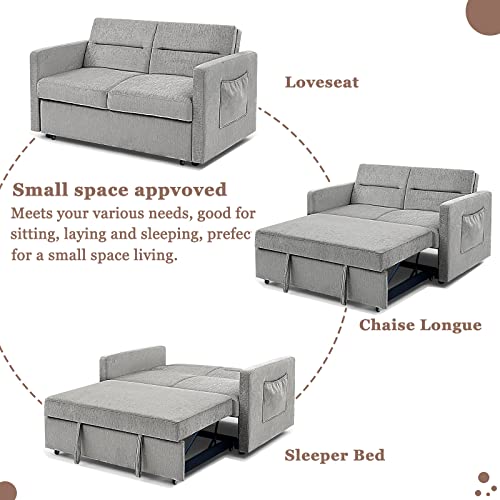 3 in 1 Convertible Sleeper Sofa Bed, Antetek Modern Chenille Loveseat Sleeper Sofa Couch w/Pull-Out Bed, Small Love seat Sofa Bed w/Reclining Backrest & Side Pocket for Living Room, Silver Grey, 54.5"