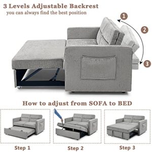 3 in 1 Convertible Sleeper Sofa Bed, Antetek Modern Chenille Loveseat Sleeper Sofa Couch w/Pull-Out Bed, Small Love seat Sofa Bed w/Reclining Backrest & Side Pocket for Living Room, Silver Grey, 54.5"