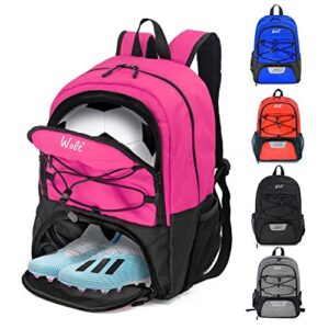 wolt | youth soccer bag - soccer backpack & bags for basketball, volleyball & football sports, includes separate cleat shoe and ball compartment, for girls & women (pink)