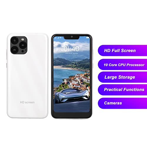 IP13 6.1 Inch HD Screen Smartphone 3G Unlocked Cell Phone, Dual SIM Slim Mobile Phone Support Face Recognition, 6799 10 Core CPU Processor, 3GB 32GB, Front and Rear HD Camera, 2800mAh(White)