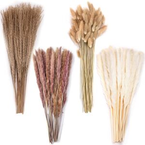 domestar 130pcs pampas grass decor,dried pampas grass contains white and natural bunny tail grass reed boho bouquet decor for wedding party home table vase rustic farmhouse decor（18 inch）