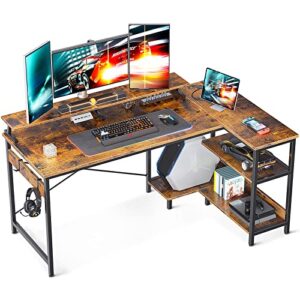 odk small l shaped desk, 58 inch corner desk with reversible storage shelves, computer desk with monitor shelf and pc stand for home office, gaming desk with headphone hooks, rustic brown