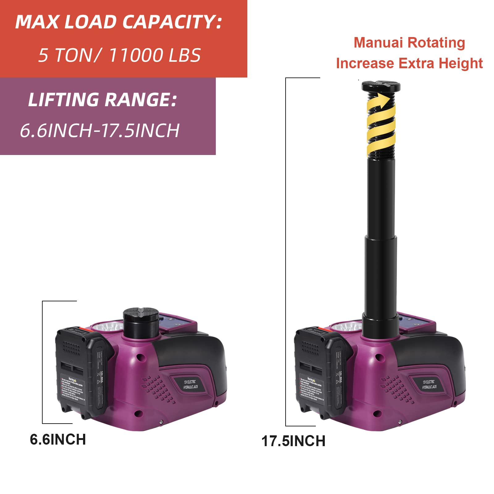 TYAYT Electric Car Jack Kit, 5 Ton Cordless Hydraulic Car Jack, 12V Portable Car Jack with LED Light for SUV MPV Sedan, Lifting Range 6.6 to 17.5 Inch（Purple）