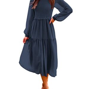 LOGENE Womens Long Sleeve Boho Smocked Midi Dress Casual Tiered Dress with Pockets 575-zanglan-S Navy Blue