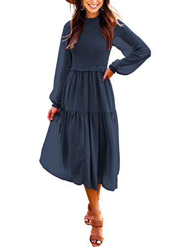 LOGENE Womens Long Sleeve Boho Smocked Midi Dress Casual Tiered Dress with Pockets 575-zanglan-S Navy Blue