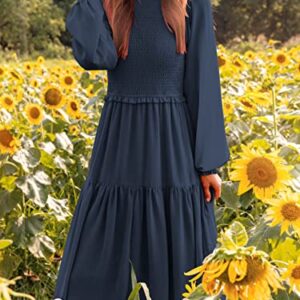 LOGENE Womens Long Sleeve Boho Smocked Midi Dress Casual Tiered Dress with Pockets 575-zanglan-S Navy Blue