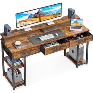 odk computer desk with drawers and storage shelves, 63 inch home office desk with monitor stand, modern work study writing table desk for small spaces, vintage
