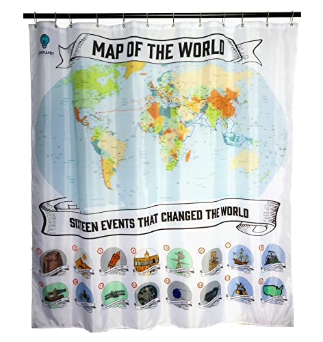 Shower Thoughts World Map Shower Curtain - Water Resistant, Machine Washable, Polyester Fabric White 72''x72''