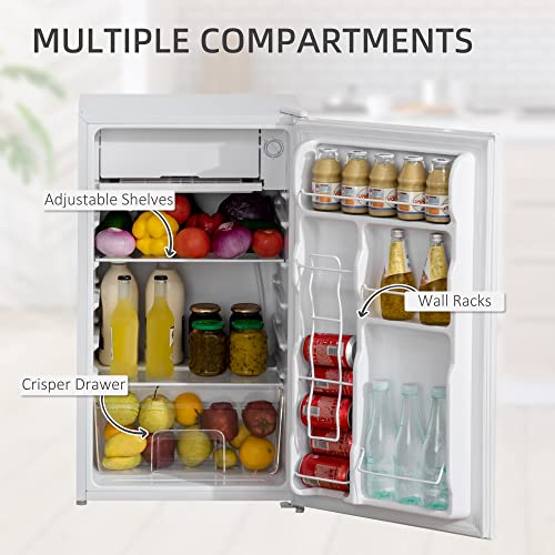 HOMCOM Mini Fridge with Freezer, 3.2 Cu.Ft Compact Refrigerator with Adjustable Shelf, Mechanical Thermostat and Reversible Door for Bedroom, Dorm, White