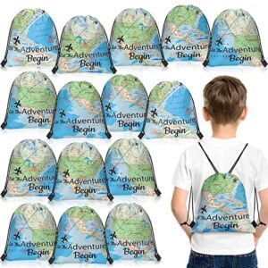 ferraycle 16 pieces world map drawstring bags let the adventure begin travel farewell themed party decorations travel party candy goodie bags for kids (classic style)
