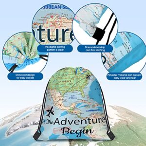Ferraycle 16 Pieces World Map Drawstring Bags Let the Adventure Begin Travel Farewell Themed Party Decorations Travel Party Candy Goodie Bags for Kids (Classic Style)