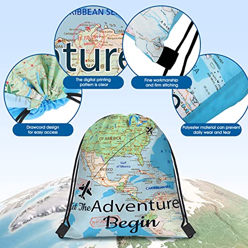 Ferraycle 16 Pieces World Map Drawstring Bags Let the Adventure Begin Travel Farewell Themed Party Decorations Travel Party Candy Goodie Bags for Kids (Classic Style)