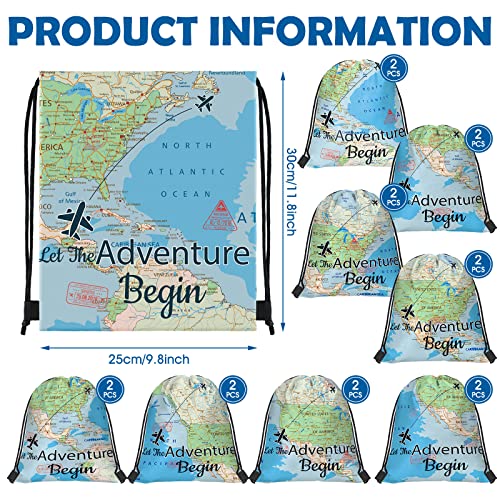 Ferraycle 16 Pieces World Map Drawstring Bags Let the Adventure Begin Travel Farewell Themed Party Decorations Travel Party Candy Goodie Bags for Kids (Classic Style)