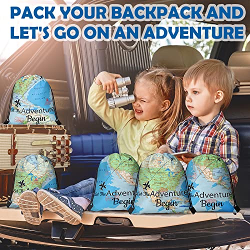 Ferraycle 16 Pieces World Map Drawstring Bags Let the Adventure Begin Travel Farewell Themed Party Decorations Travel Party Candy Goodie Bags for Kids (Classic Style)