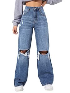 sweatyrocks women's high waisted wide leg jeans casual loose ripped denim pants medium wash s