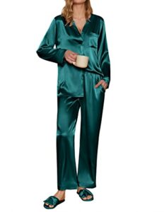 ekouaer womens silk pjs long sleeve sleepwear satin pajamas top and pants set two piece sleep set dark green