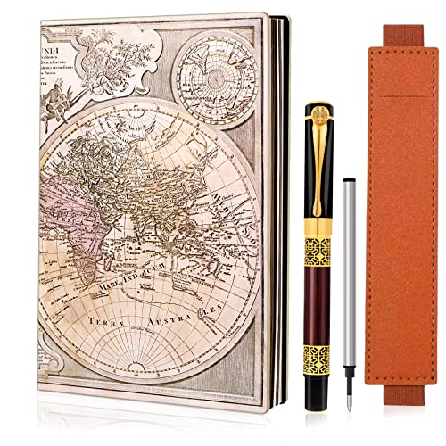 Pu Leather Writing Journal 3D Embossed Old World Map Vintage Writing Notebook with Luxury Pen Hardcover TravelJournal with Lined Page Sketchbook Gift for Men&Women.