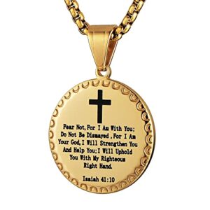 hzman isaiah 41:10 fear not, for i am with you stainless steel religious bible verses inspirational cross round pendant necklace for men women (gold)