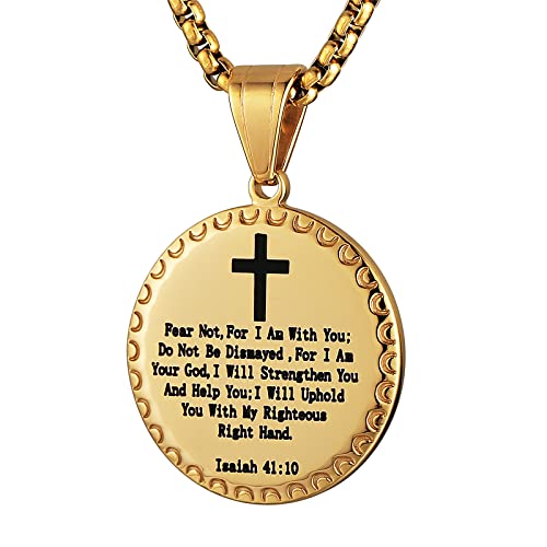 HZMAN Isaiah 41:10 Fear Not, For I Am With You Stainless Steel Religious Bible Verses Inspirational Cross Round Pendant Necklace for Men Women (Gold)