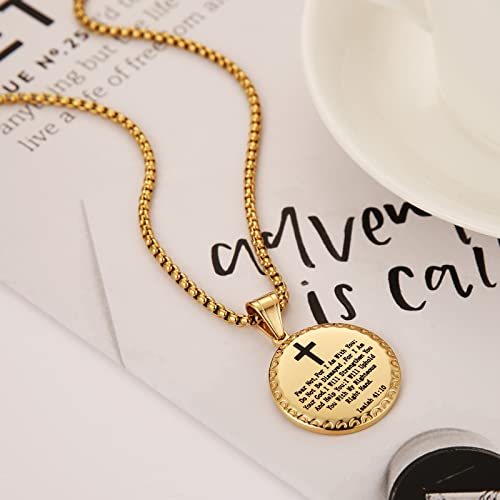 HZMAN Isaiah 41:10 Fear Not, For I Am With You Stainless Steel Religious Bible Verses Inspirational Cross Round Pendant Necklace for Men Women (Gold)