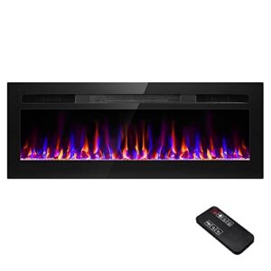 50 inch electric fireplace recessed and wall mounted, fireplace heater and linear fireplace, ultra-thin electric fireplace, low noise, with timer, remote control, adjustable 12 flame color, 750/1500w