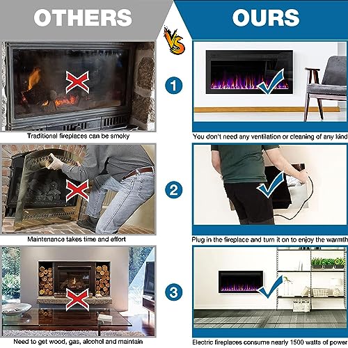 50 Inch Electric Fireplace Recessed and Wall Mounted, Fireplace Heater and Linear Fireplace, Ultra-Thin Electric Fireplace, Low Noise, with Timer, Remote Control, Adjustable 12 Flame Color, 750/1500W