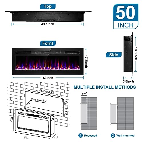 50 Inch Electric Fireplace Recessed and Wall Mounted, Fireplace Heater and Linear Fireplace, Ultra-Thin Electric Fireplace, Low Noise, with Timer, Remote Control, Adjustable 12 Flame Color, 750/1500W