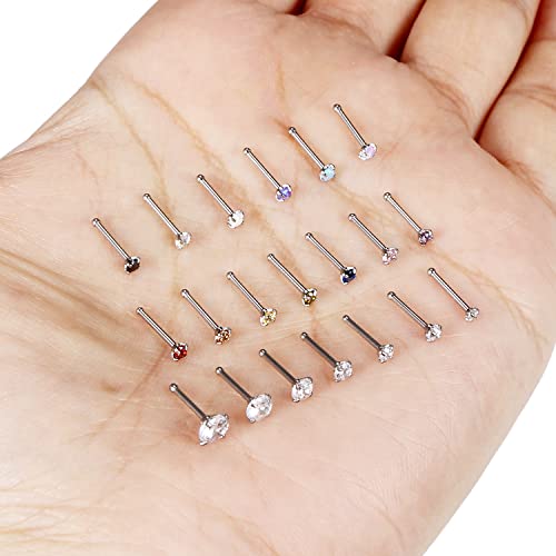 Vsnnsns 20G Nose Rings for Women Men 316L Surgical Stainless Steel L Shaped Nose Studs Screw Bone Opal Nose Rings Piercings 20 Gauge Nostril Piercing Nose Studs Jewelry Diamond CZ Silver for Women