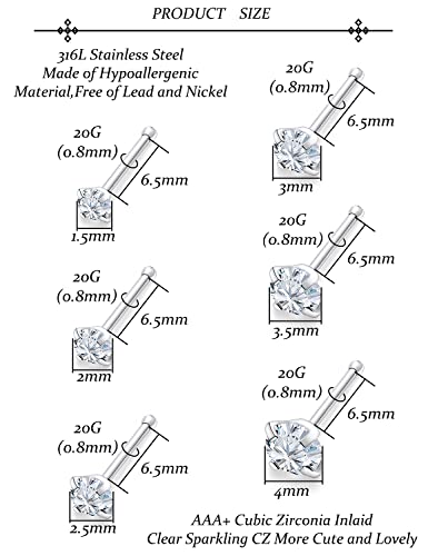 Vsnnsns 20G Nose Rings for Women Men 316L Surgical Stainless Steel L Shaped Nose Studs Screw Bone Opal Nose Rings Piercings 20 Gauge Nostril Piercing Nose Studs Jewelry Diamond CZ Silver for Women