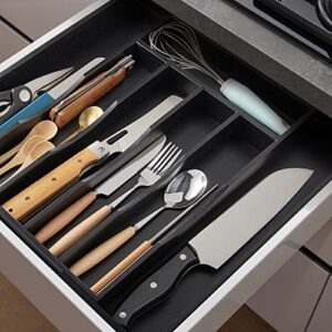 oridom Expandable Bamboo Kitchen Drawer Organizer for Cutlery and Utensils, Adjustable Bamboo Wood Cutlery Tray in Drawer for Flatware and Silverware in Kitchen, (Black)