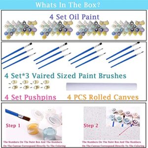 4 Pack DIY Paint by Numbers for Kids Ages 4-8 - Paint by Number for Kids Beginners Easy Acrylic Paint Numbers Canvas Arts Ages 8-12, Oil Painting Paint by Number Kits for Wall Decoration 8x8in