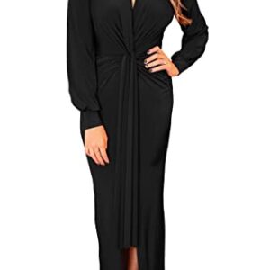 PRETTYGARDEN Women's Spring Long Sleeve Maxi Bodycon Dresses V Neck Twist Front Ruched Cocktail Evening Dress with Slit (Black,Medium)