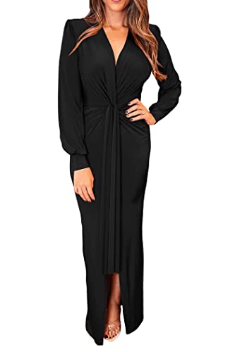 PRETTYGARDEN Women's Spring Long Sleeve Maxi Bodycon Dresses V Neck Twist Front Ruched Cocktail Evening Dress with Slit (Black,Medium)